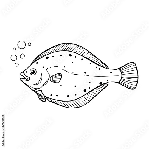 Illustration of flounder fish with bubbles and dotted pattern. Vector hand-drawn doodle illustration
