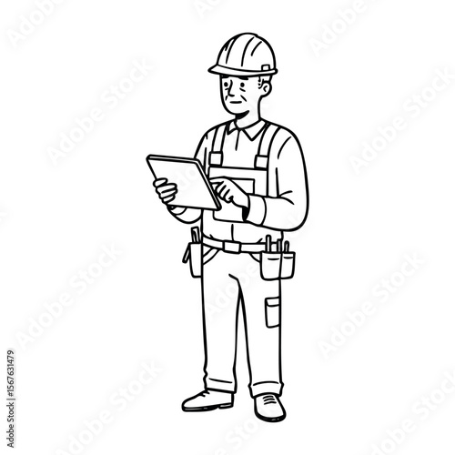 Caucasian male construction worker with tablet in work attire. Vector hand-drawn doodle illustration