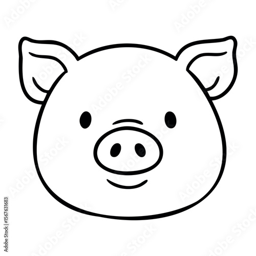 Cartoon drawing of a smiling pig face with simple lines. Vector hand-drawn doodle illustration
