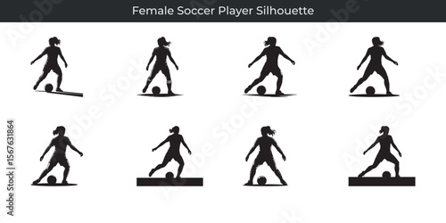 Dynamic silhouettes of female soccer player displaying various soccer movements and techniques