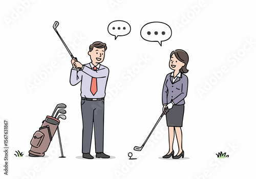 Business colleagues playing golf and talking, a simple illustration of corporate leisure and communication
