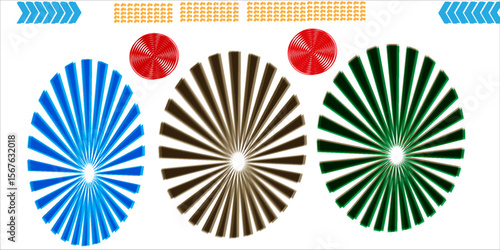 Colorful abstract design featuring circles and radial geometric patterns in vibrant red, blue, brown, and green hues against a white background, conveying creativity.