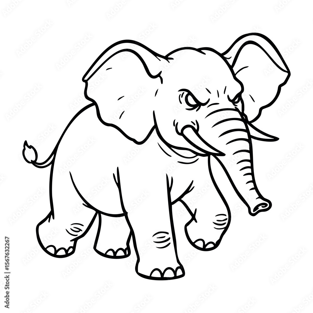 Fototapeta premium Cartoon illustration of an angry elephant with large ears and trunk. Vector hand-drawn doodle illustration