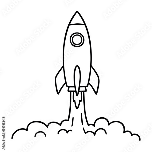 Simple rocket line drawing launching with smoke trailing. Vector hand-drawn doodle illustration