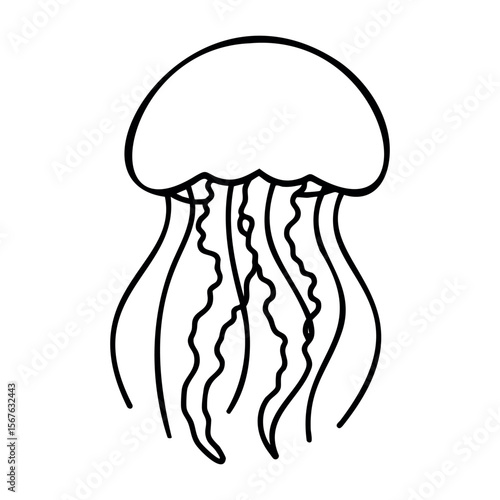 Simple jellyfish line drawing with flowing tentacles. Vector hand-drawn doodle illustration