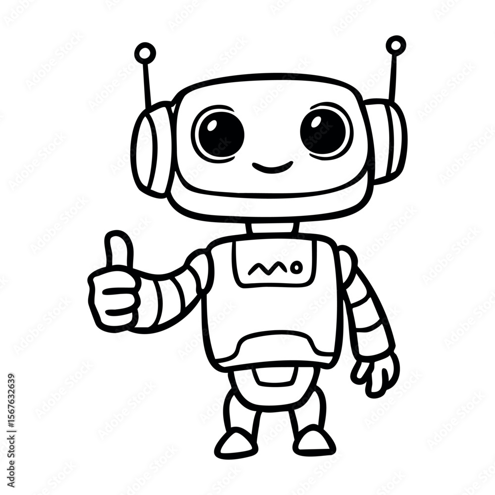 Obraz premium Cute cartoon robot giving a thumbs up with a smile. Vector hand-drawn doodle illustration