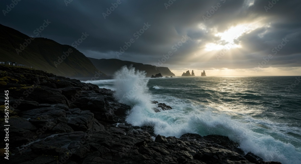 Obraz premium Dramatic ocean waves crashing on rocky shore