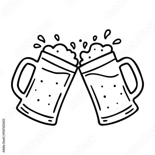 Two beer mugs clinking with splashing foam in outline. Vector hand-drawn doodle illustration