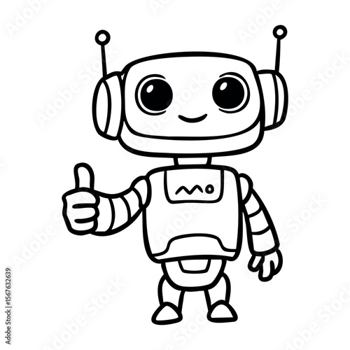 Cute cartoon robot giving a thumbs up with a smile. Vector hand-drawn doodle illustration