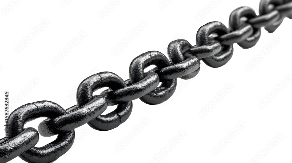 Fototapeta premium A dark metal chain extends diagonally across a stark white background, emphasizing its robust links.