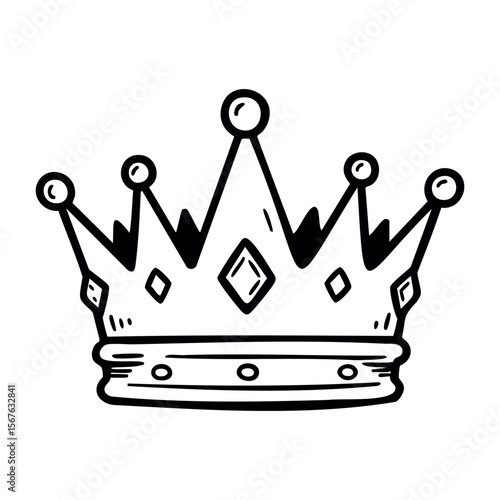 Hand-drawn crown with jewels and spikes in black and white illustration. Vector hand-drawn doodle illustration