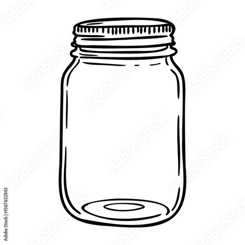Simple line drawing of an empty mason jar with lid. Vector hand-drawn doodle illustration