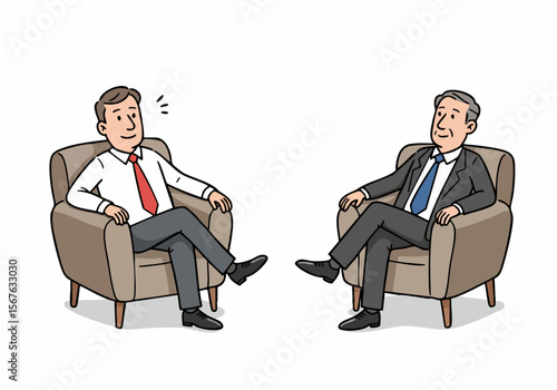 Two businessmen sitting in armchairs having a conversation or interview in a corporate setting.