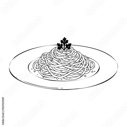Minimalist line art of a spaghetti dish with parsley garnish. Vector hand-drawn doodle illustration