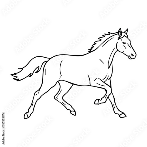 Outline drawing of a galloping horse with flowing mane. Vector hand-drawn doodle illustration