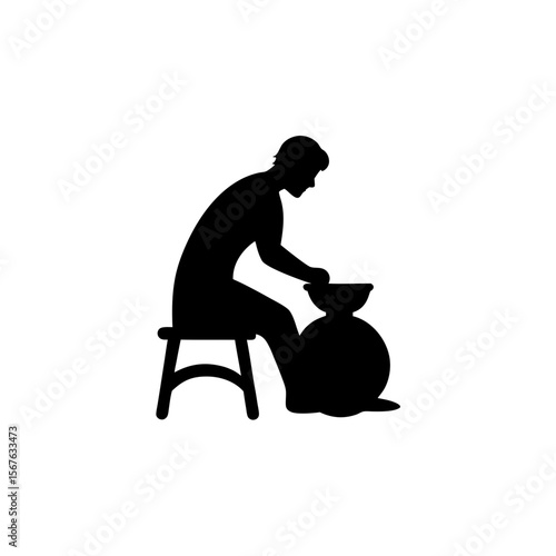 Skilled Potter at Wheel Black Silhouette Creating Art Side View