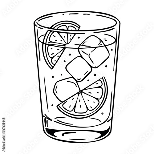 Hand-drawn lemonade glass with ice cubes and lemon wedges. Vector hand-drawn doodle illustration
