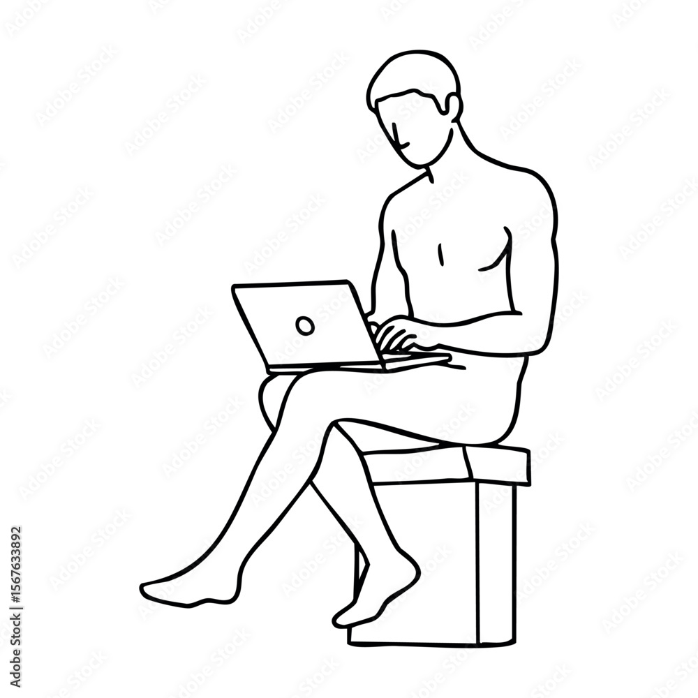 Outline drawing of nude male with laptop seated on rectangle. Vector hand-drawn doodle illustration Outline drawing of nude male with laptop seated on rectangle. Vector hand-drawn doodle illustration