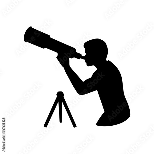 Curious Side View Black Silhouette of a Person Using a Telescope