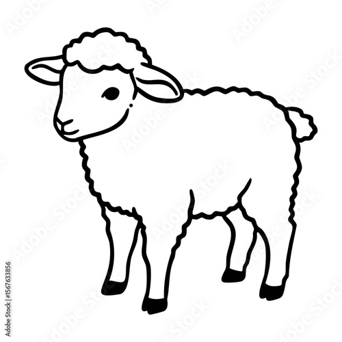 Cartoon illustration of a smiling sheep outline in black and white. Vector hand-drawn doodle illustration