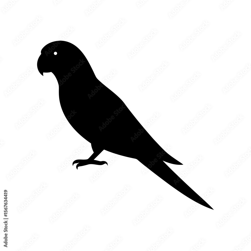 Fototapeta premium Graceful Side View Black Silhouette of a Parakeet Bird on a White Background