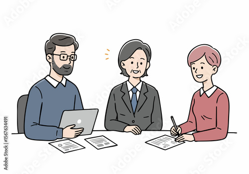 Illustration of diverse business people collaborating in a meeting with documents and a laptop.