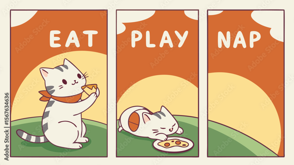 Fototapeta premium Cartoon Cats: Eating, Playing, and Napping Illustrations with Cute Style