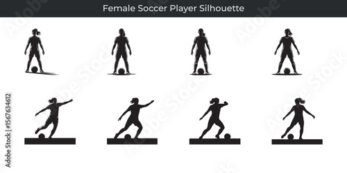 Elegant black and white silhouettes of female soccer players in various dynamic poses