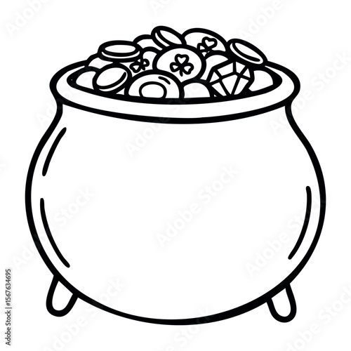 Pot of gold and coins line art with clover decorations. Vector hand-drawn doodle illustration