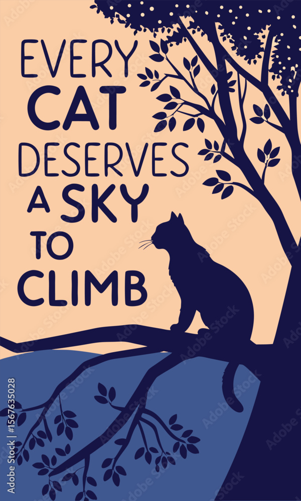 Naklejka premium Silhouette of a Cat Perched on a Tree Branch, Contemplative Pose.