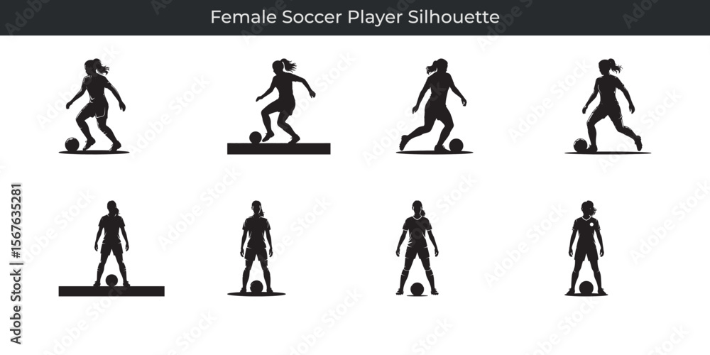 Collection of female soccer player silhouettes demonstrating various footballing poses and actions