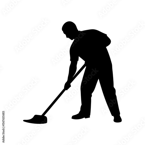 Professional Janitor Mopping Silhouette White Background Cleaning Worker Vector Graphic