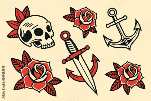 Vintage tattoo flash sheet with traditional designs and bold outlines
