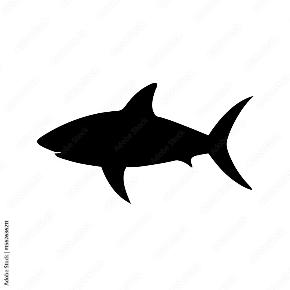 Fototapeta premium Predatory Black Silhouette of a Great White Shark Side View Isolated on Blue White Water