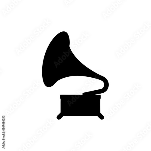 Vintage Black Silhouette of a Gramophone Side View Isolated on a White Background