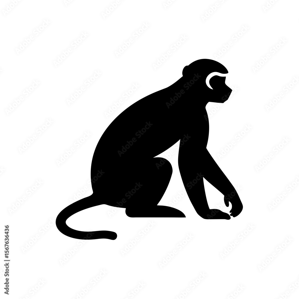Fototapeta premium Agile Black Silhouette of a Gibbon Side View Isolated on a Pure White Background