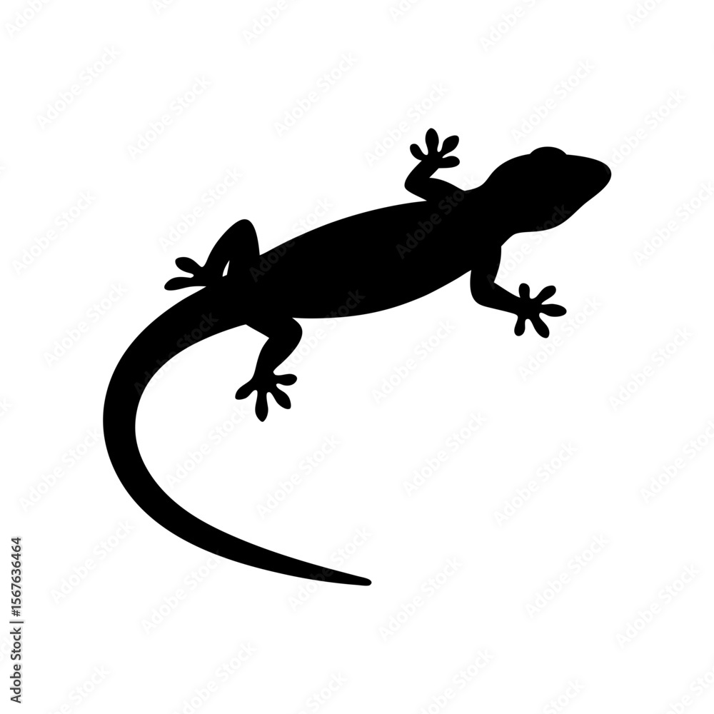 Naklejka premium Tropical Black Silhouette of a Gecko Side View Isolated on a Pure White Background