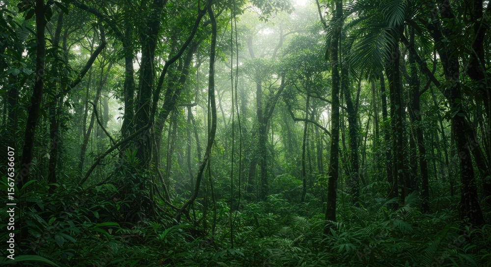 Obraz premium Lush Green Jungle Forest with Dense Foliage in Sunlight Tropical Rainforest Scene with Abundant Vegetation and Natural Scenery