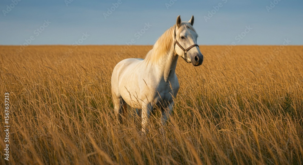 Majestic white horse in golden field Majestic white horse in golden field
