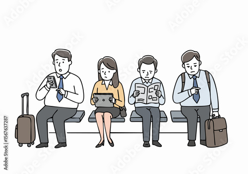 Illustration of travelers or commuters sitting on a bench, waiting patiently at an airport or station, using digital devices and reading newspapers.