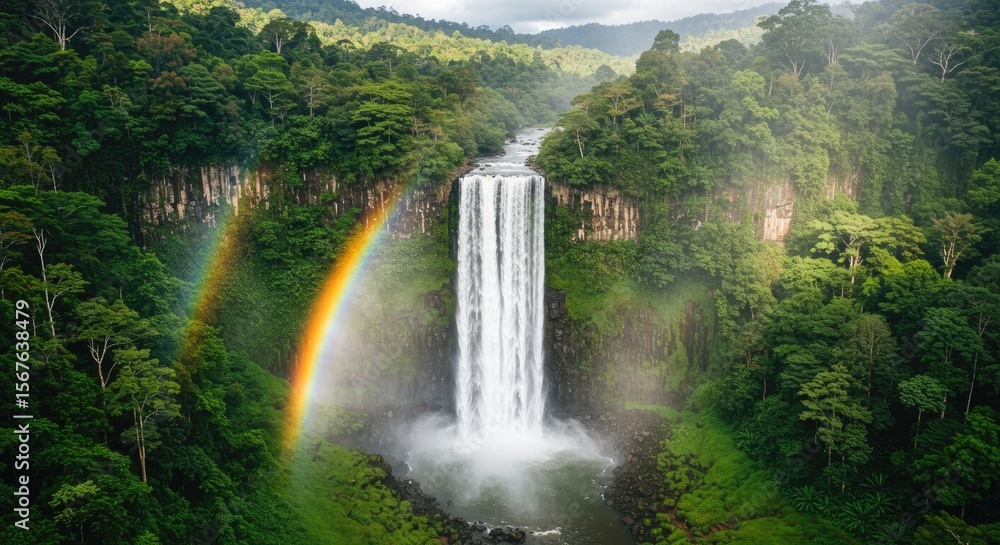 Fototapeta premium Lush Waterfall with Rainbow in Tropical Forest Scenic Landscape under Dramatic Cloudy Sky