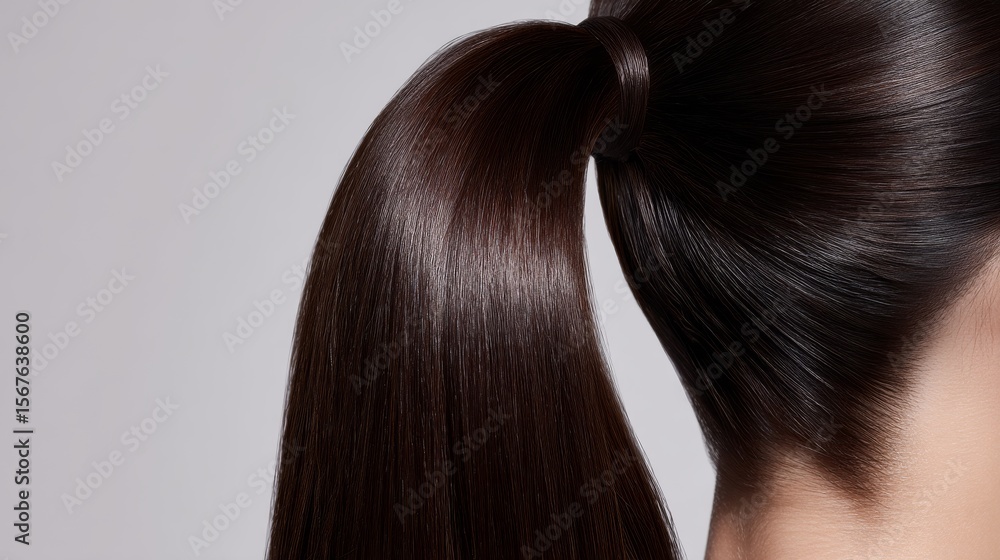 Shiny long hair in a sleek ponytail. This hairstyle showcases elegance and simplicity. Perfect for beauty and fashion themes. Ideal for editorial or advertising purposes. AI Shiny long hair in a sleek ponytail. This hairstyle showcases elegance and simplicity. Perfect for beauty and fashion themes. Ideal for editorial or advertising purposes. AI