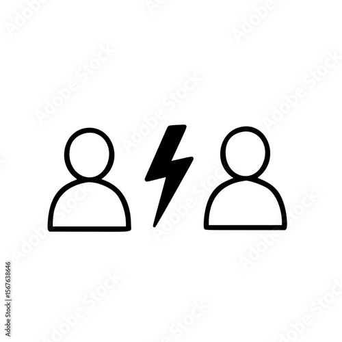 Simple linear vector icon representing connection between two people. Icon of two people with lightning symbolizing conflict or disagreement - Concept of simple linear vector icon  