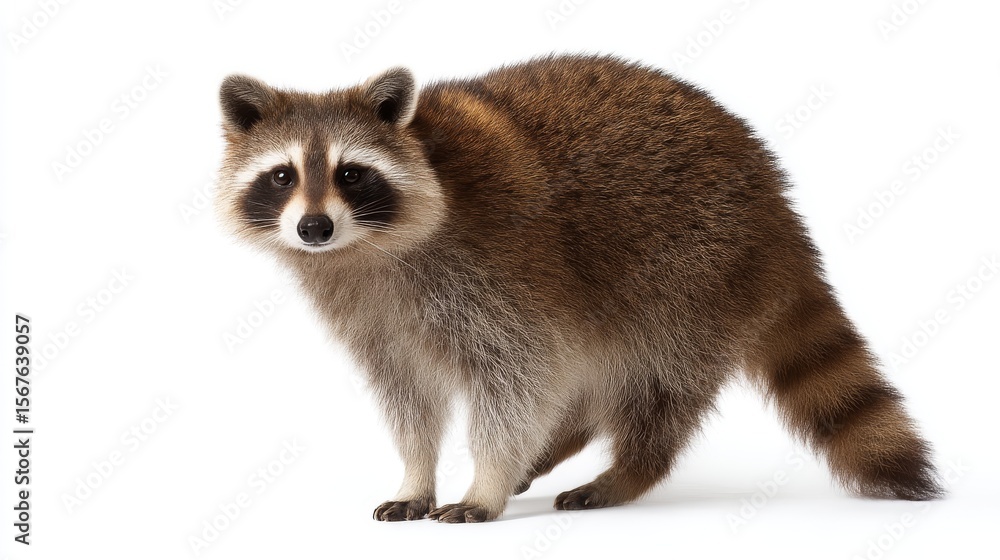 Obraz premium A playful raccoon stands curiously, showcasing its fluffy fur and distinctive mask. This image captures the lively spirit and charm of wildlife. Perfect for nature themes. AI