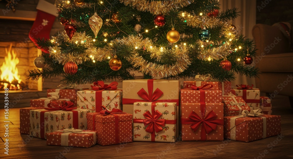 A warm, inviting scene of a decorated Christmas tree with presents at its base, near a crackling fireplace A warm, inviting scene of a decorated Christmas tree with presents at its base, near a crackling fireplace