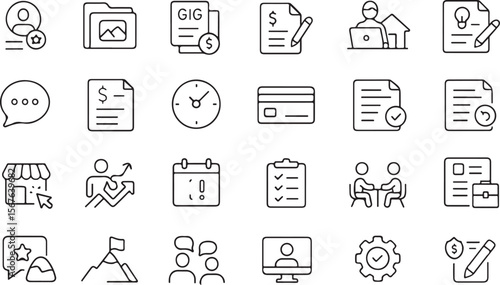 Collection of thin line icons representing freelancing business and work activities