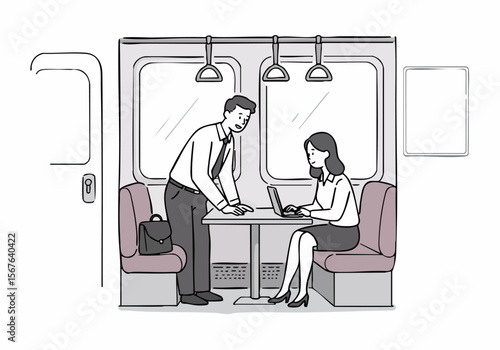 Hand-drawn illustration of business people working and talking on a train, using a laptop during their commute or business trip.
