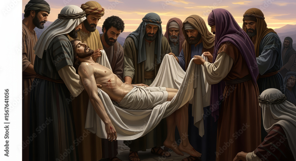 Naklejka premium Jesus Christ. Realistic depictions of Jesus Christ based on biblical stories, capturing key moments in his life, teachings, miracles and resurrection with emotional depth and historical accuracy.