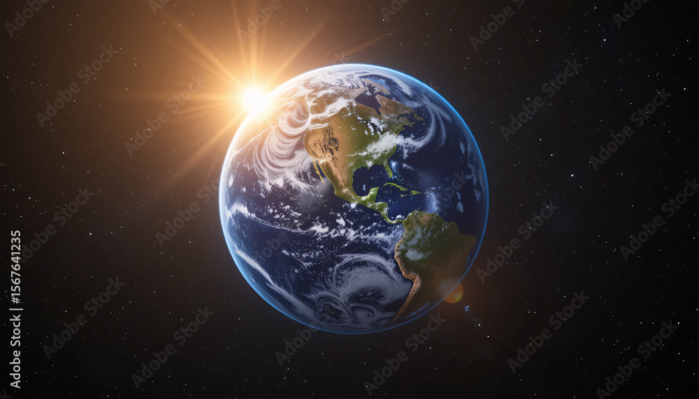 Obraz premium Earth View From Space With Sun Rising Over The Horizon And Stars In The Background Of The Image