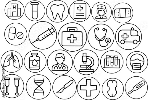 Collection of black line medical icons in circular frames, including hospital, doctor, syringe, stethoscope, DNA, ambulance, and surgical tools.